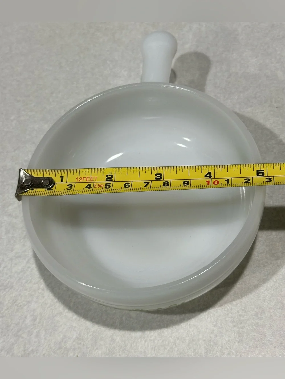 6 -Glasbake Milk Glass Handled Soup Bowl Green Daisy Floral J-2639 MCM USA VTG